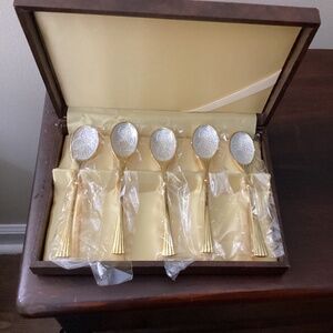 Vintage W Brite Cloisonné Enamel rose spoons Set 6 New old stock flowers gold